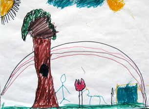 Sun, tall tree, and a rainbow surrounding a stick figure child and dog, red tulip, house